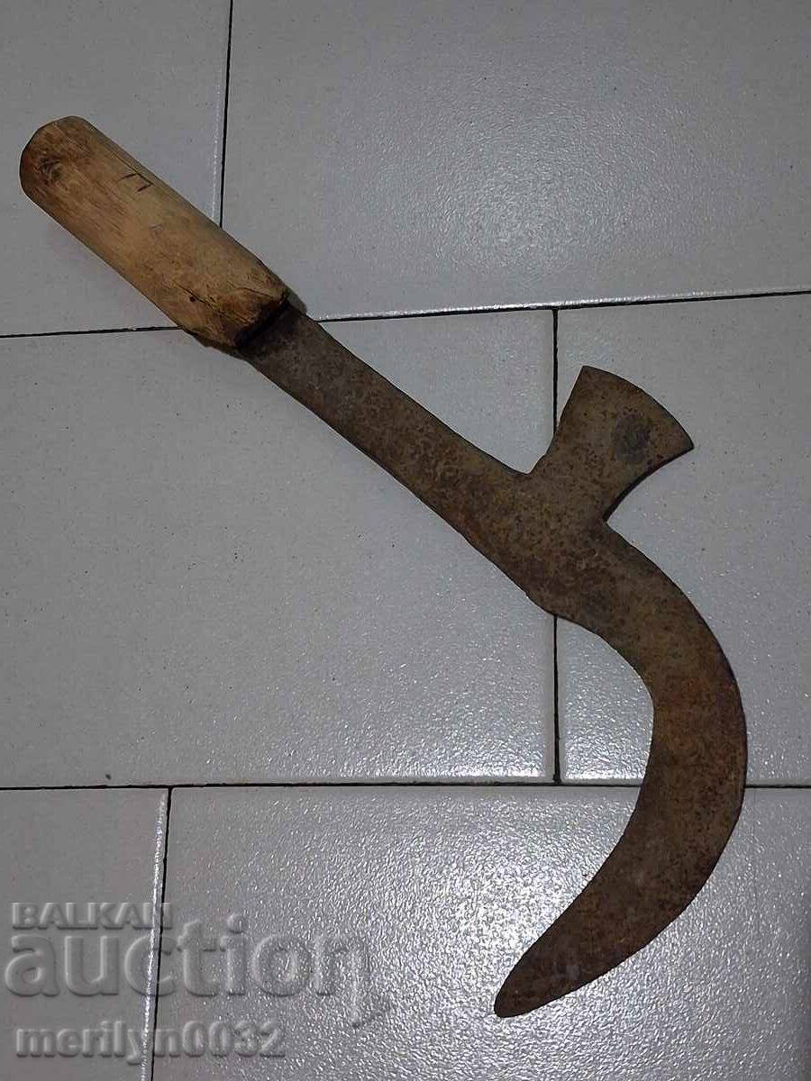 Δημοπρασία Παλιό σφυρήλατο δρεπάνι, λεπίδα, σφυρήλατο σίδερο, μαχαίρι, σατράκι