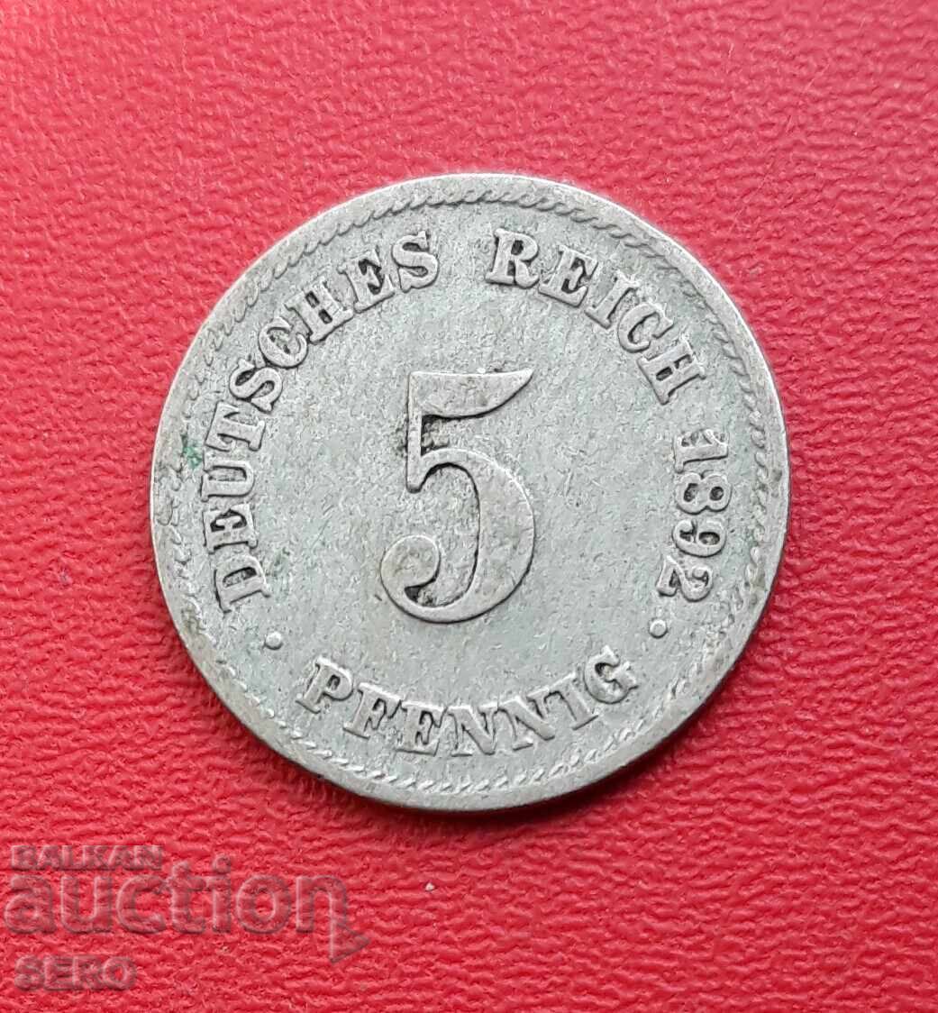 Germany - 5 Pfennig 1892 E - Muldenhütten - Very Rare Germany - 5 Pfennig 1892 E - Muldenhütten - Very Rare