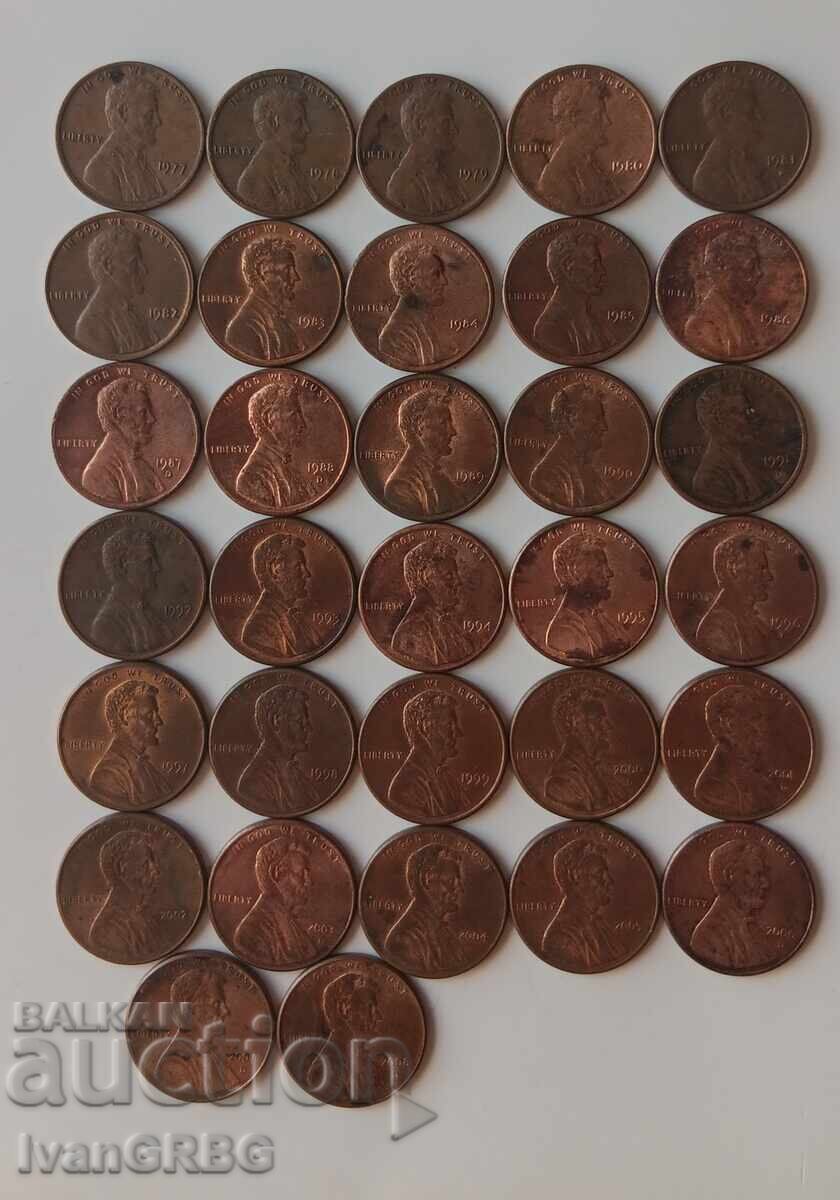 32 νομίσματα από ΗΠΑ 1 σεντ 1977-2008 Αμερικανικά νομίσματα Συλλογή με τιμή 7.00 BGN | € 3.58 32 νομίσματα από ΗΠΑ 1 σεντ 1977-2008 Αμερικανικά νομίσματα Συλλογή με τιμή 7.00 BGN | € 3.58