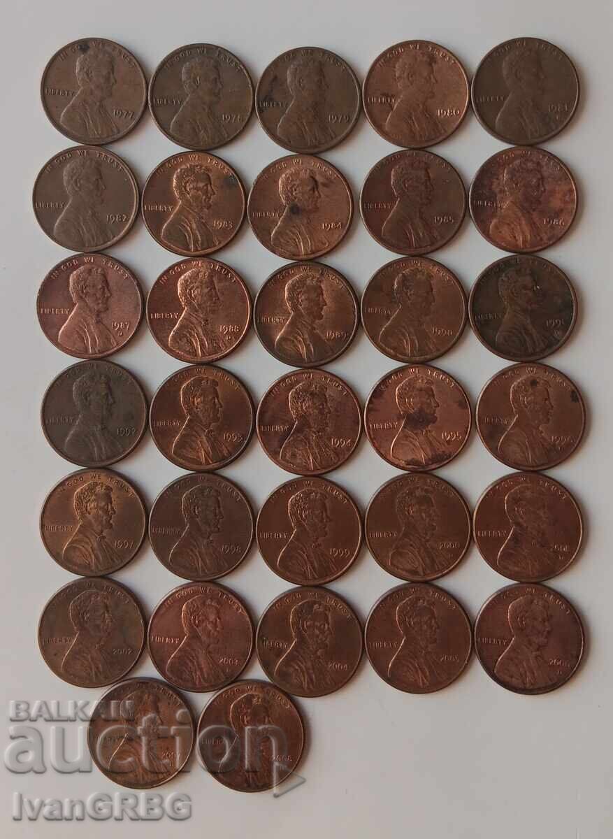 32 νομίσματα από ΗΠΑ 1 σεντ 1977-2008 Αμερικανικά νομίσματα Συλλογή 32 νομίσματα από ΗΠΑ 1 σεντ 1977-2008 Αμερικανικά νομίσματα Συλλογή