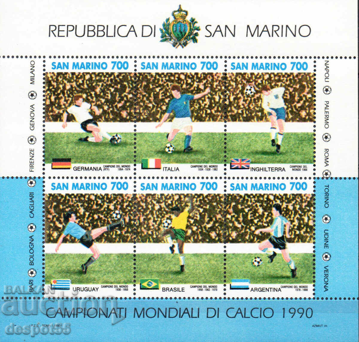 1990. San Marino. World Cup in football - Italy. Block. 1990. San Marino. World Cup in football - Italy. Block.