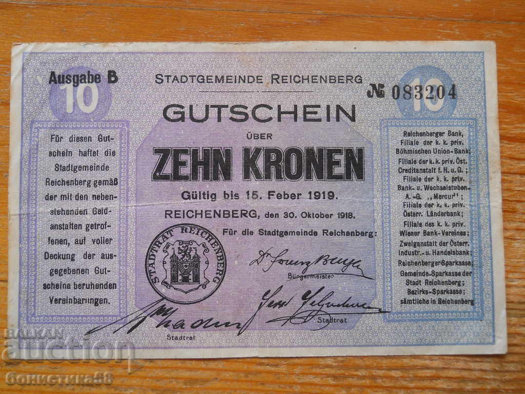 10 kroner 1919 - Reichenberg, Bohemia ( F ) 10 kroner 1919 - Reichenberg, Bohemia ( F )