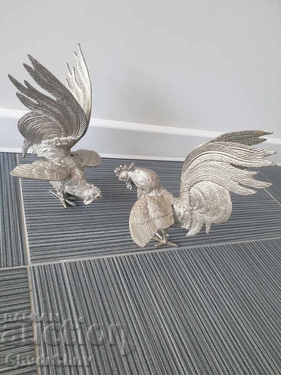 Pair of Silver-Plated Bronze Roosters / Figure of a French Fighting Rooster