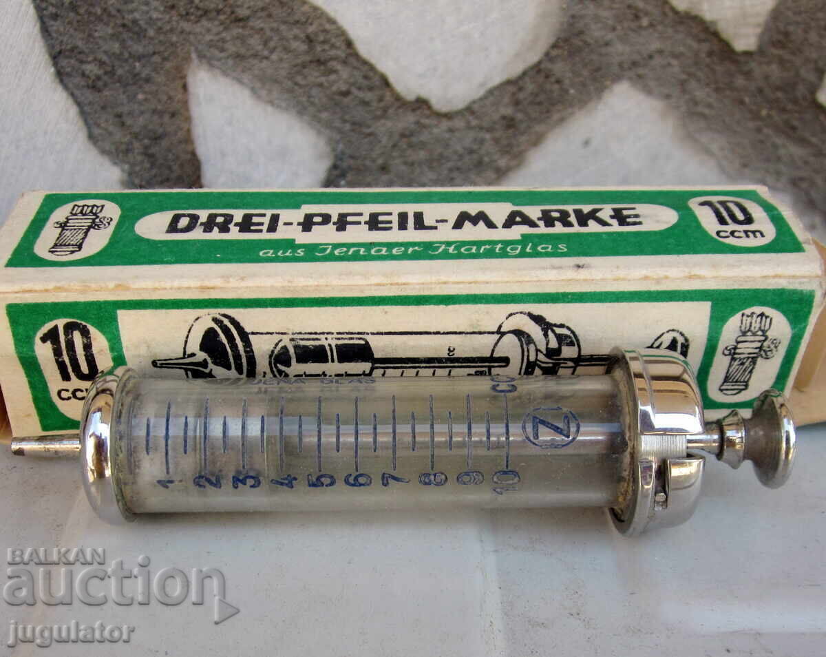 Seringă de sticlă germană WW2, nefolosită, cu cutie - 5