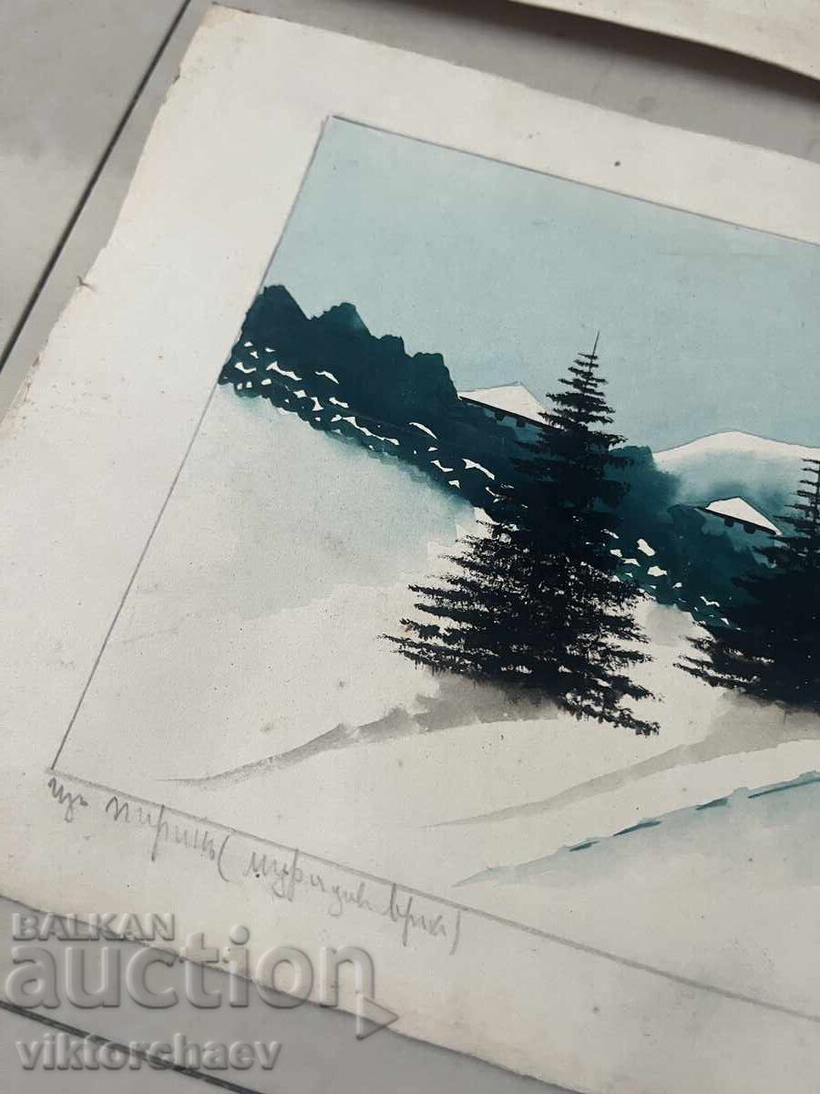 Auction  Old watercolor (2 pieces) - Mountain landscape painting