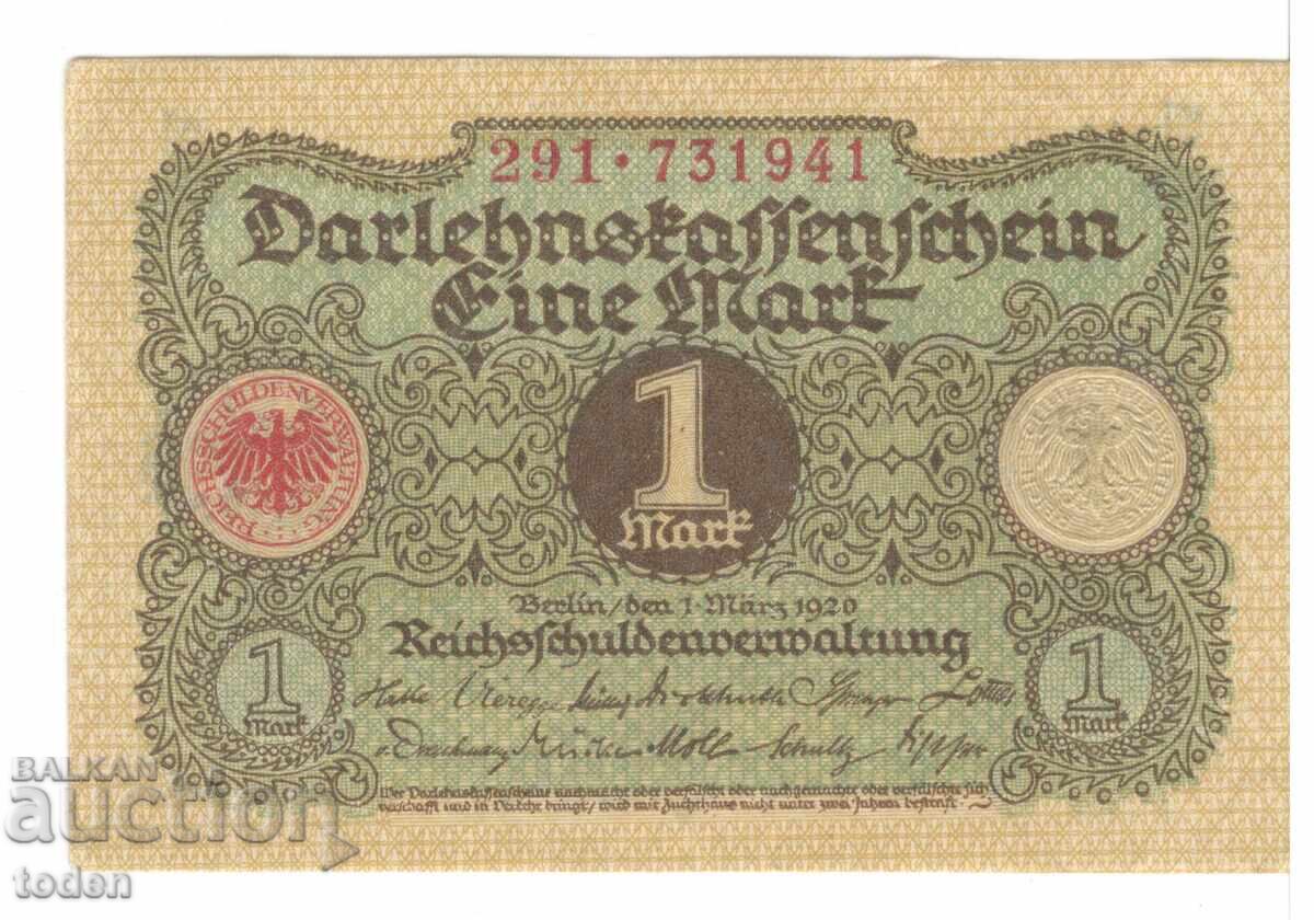 Germany-1 Mark-1920-P# 58a.3-Darlehnskassenschein-Paper Germany-1 Mark-1920-P# 58a.3-Darlehnskassenschein-Paper