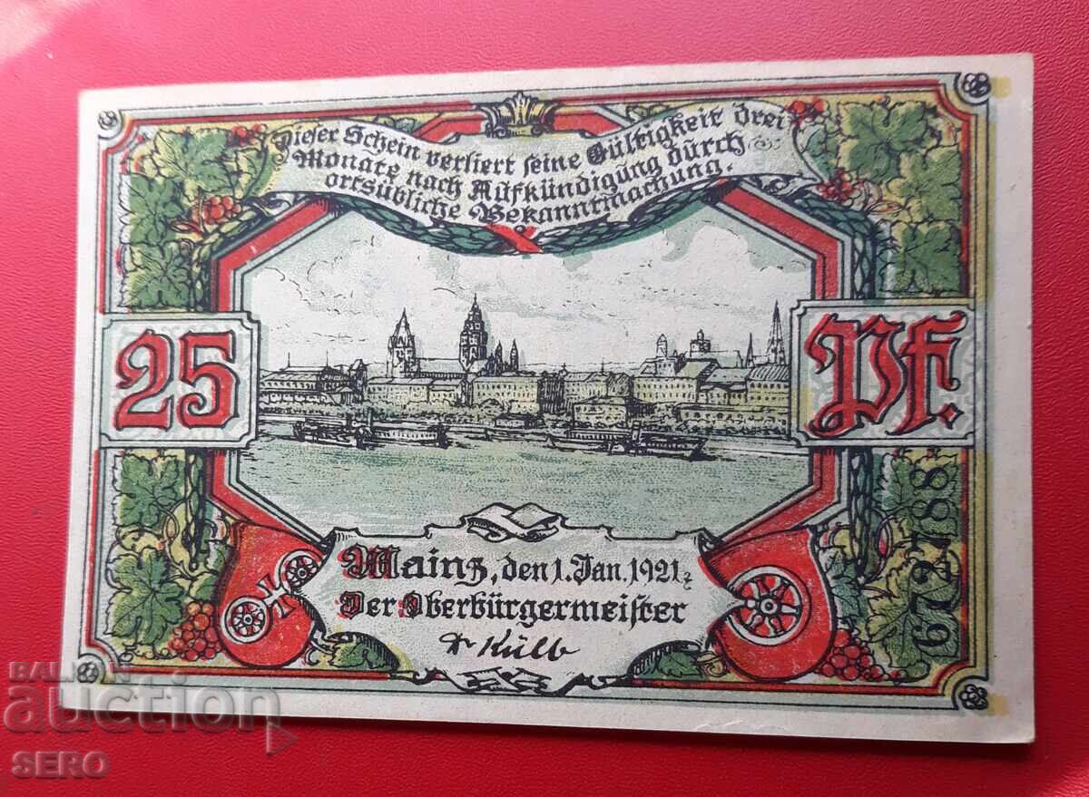 τραπεζογραμμάτιο-Γερμανία-Reiland-Pfalz-Mainz-25 Pfennig 1921 με τιμή 3.00 BGN | € 1.53