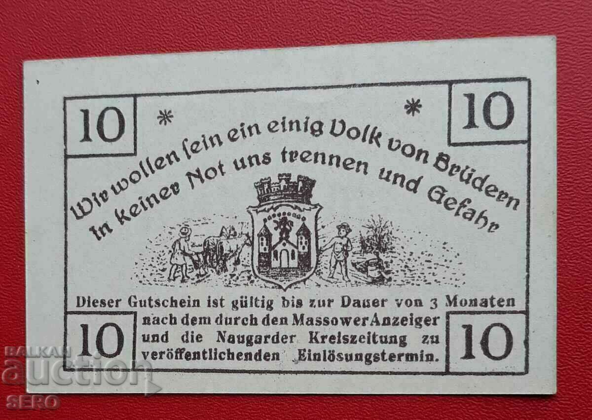 Τραπεζογραμμάτιο-Γερμανία-Μεκλεμβούργο-Πομερανία-Masov-10 pf. 1920 με τιμή 1.50 BGN | € 0.77