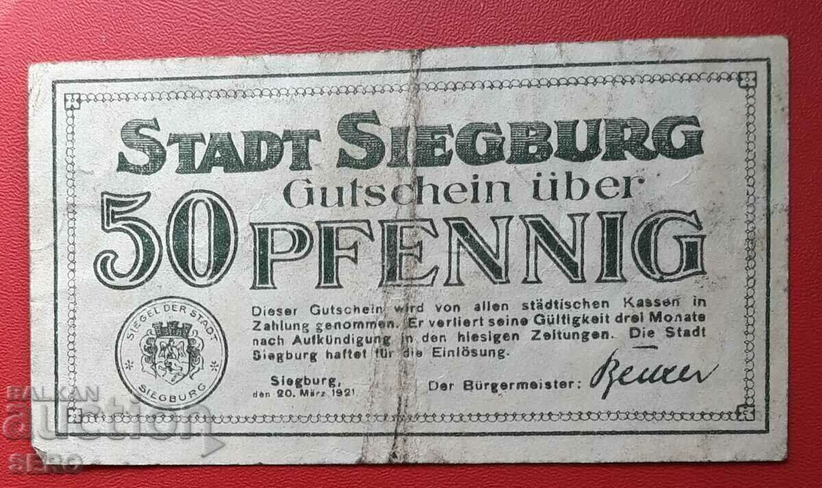 Banknote-Germany-S.Rhine-Westphalia-Siegburg-50 Pfennig 1921 with price 1.00 BGN | € 0.51