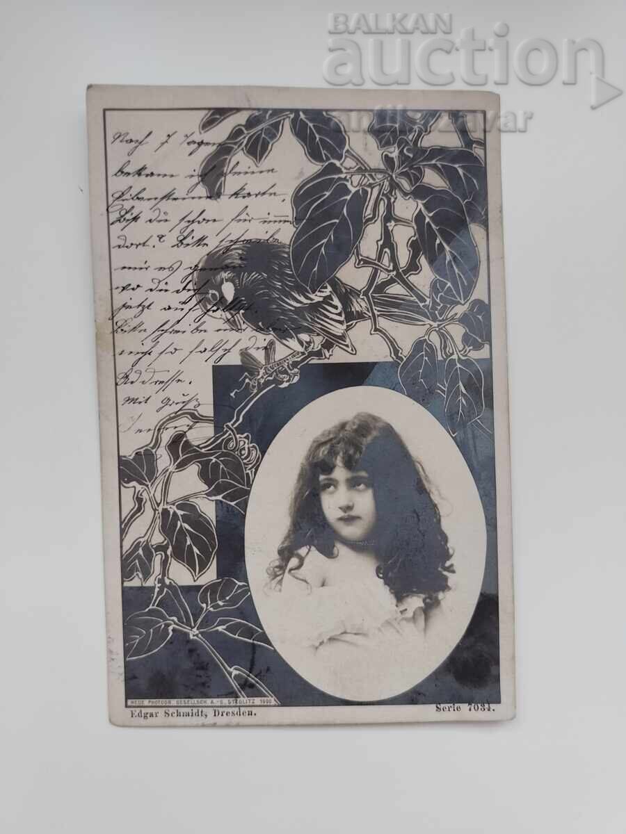 Παλιά λιθογραφημένη καρτ ποστάλ με κορίτσι, 1902
