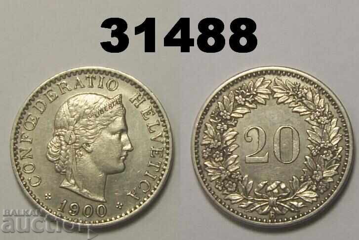 Switzerland 20 Rappen 1900 XF+ cleaned