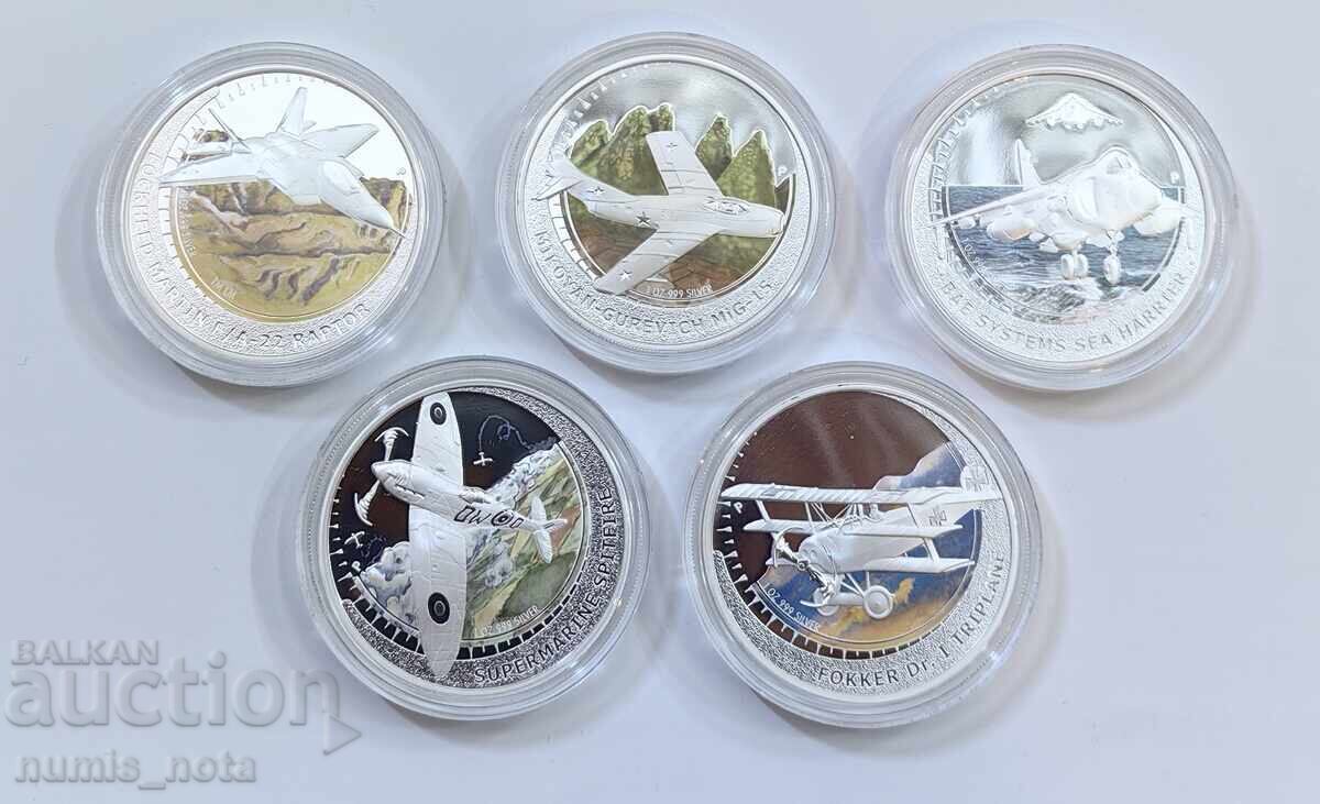 Licitație 5 bucăți x 1 oz. Tuvalu 2005 g. Avioane de vânătoare