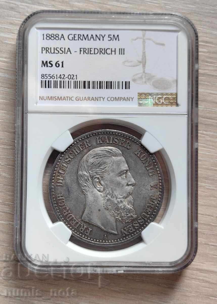 5 марки 1888 година Германия NGC MS 61 с цена 720.00 лв. | € 368.13