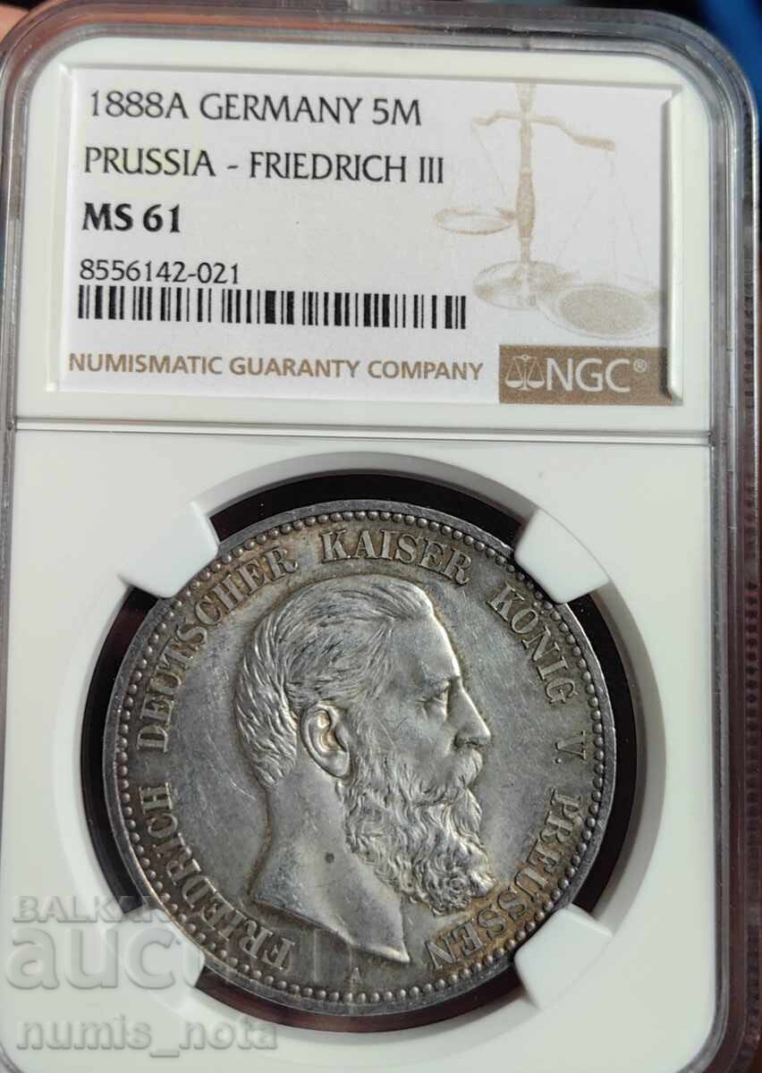 Аукцион 5 марки 1888 година Германия NGC MS 61