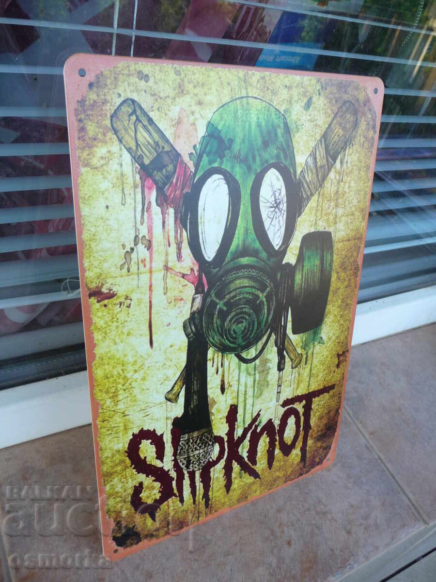 Μεταλλική πινακίδα μουσική Slipknot μέταλ μάσκες ρόπαλα αντιστάσεις με τιμή 18.00 BGN | € 9.20