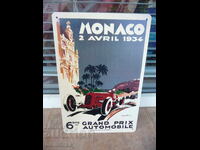 Placă metalică mașină Monaco 1934 raliu formula 1 Gran Prix rară