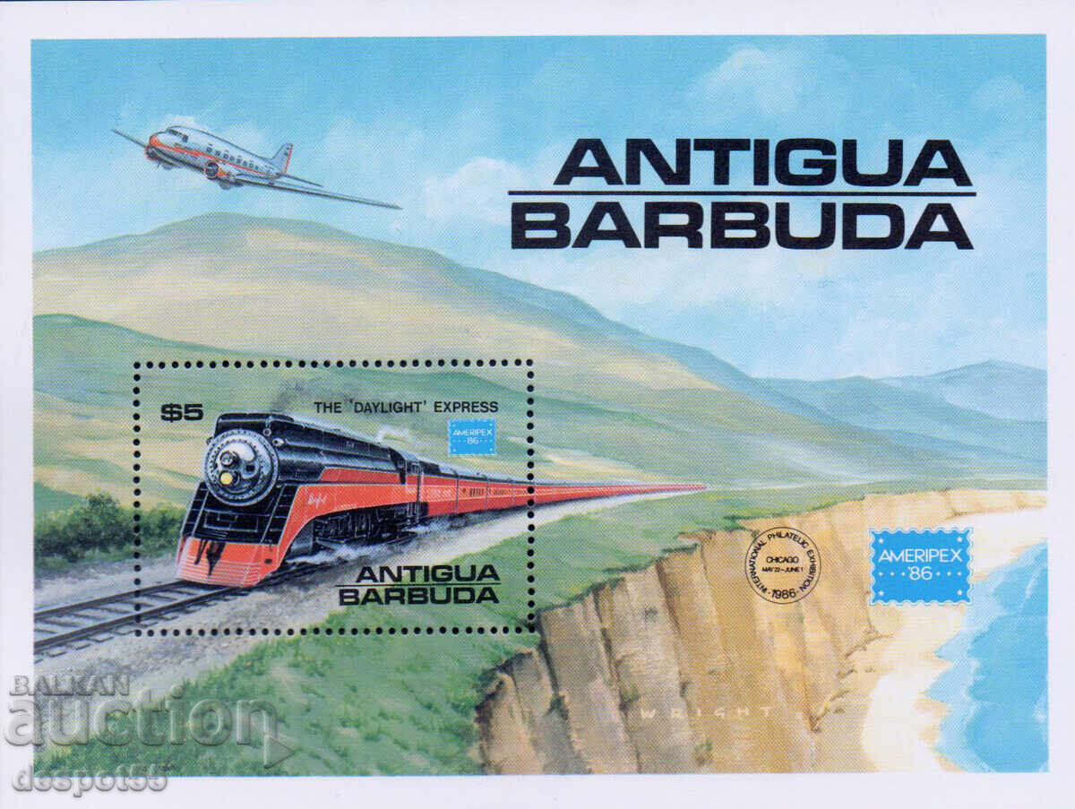 1986. Antigua and Barbuda. Famous American Trains. Block 1986. Antigua and Barbuda. Famous American Trains. Block