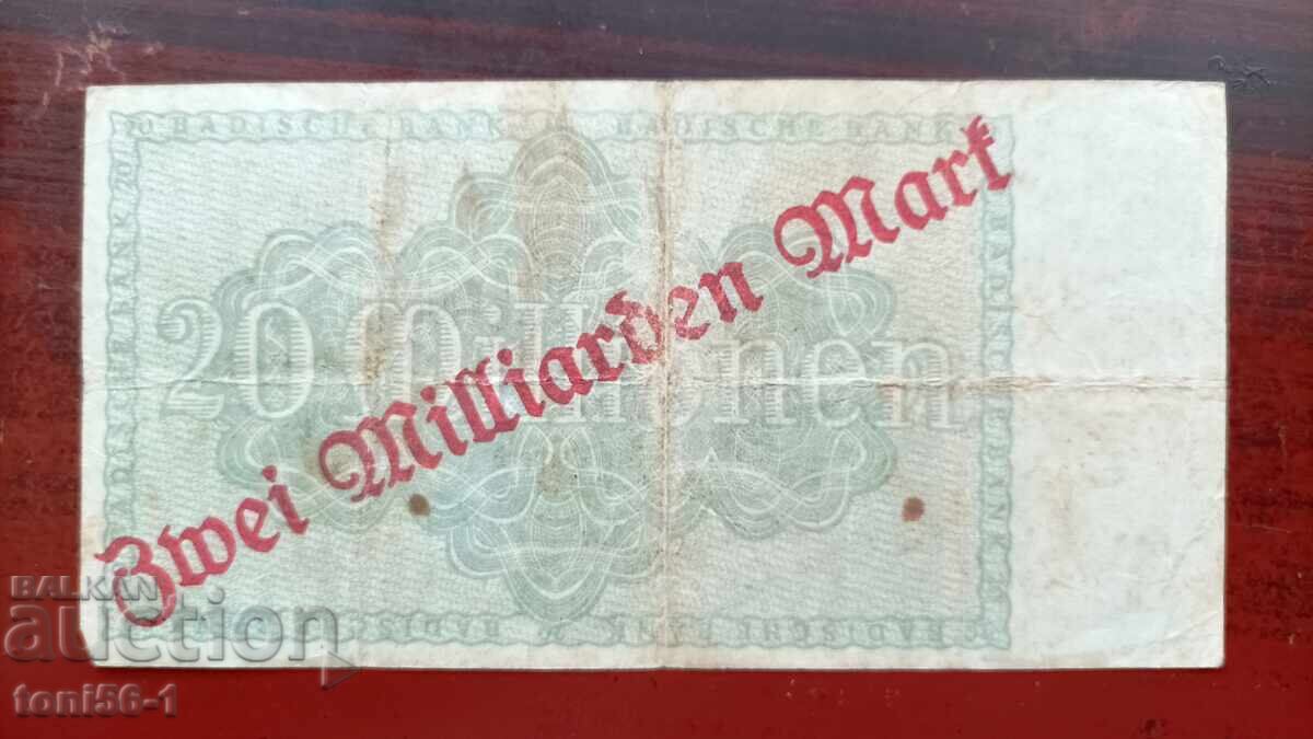 Γερμανία, Τράπεζα της Βάδης, 20 εκατομμύρια μάρκα 1923 με υπέρθεση με τιμή 12.00 BGN | € 6.14