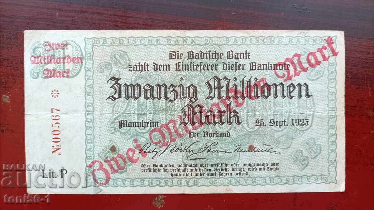 Γερμανία, Τράπεζα της Βάδης, 20 εκατομμύρια μάρκα 1923 με υπέρθεση