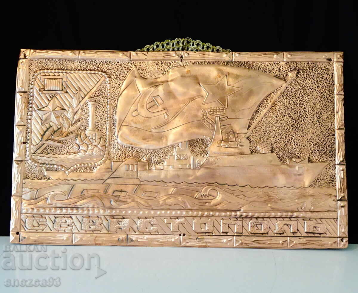 Copper panel, painting with the ship Sevastopol