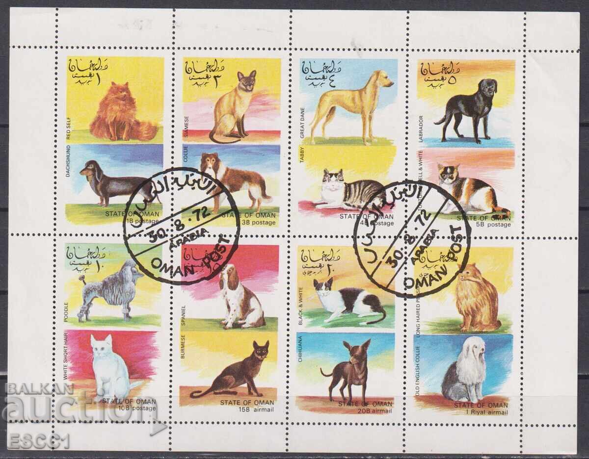 Timbre ștampilate în coli Câini și Pisici 1972 din Oman