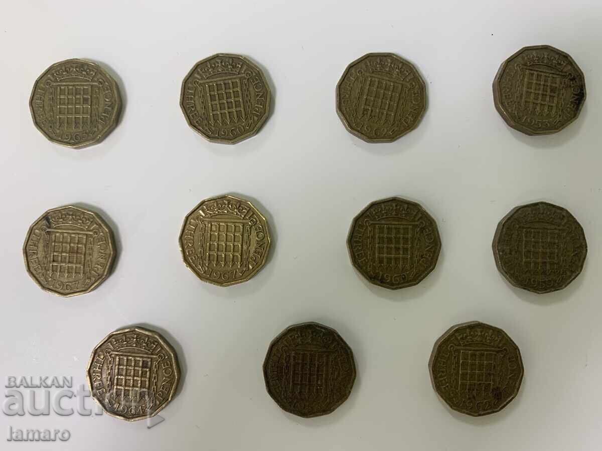 Lot of 11 British 3 Pence Coins 1953-1967 with price € 12.78 | 25.00 BGN