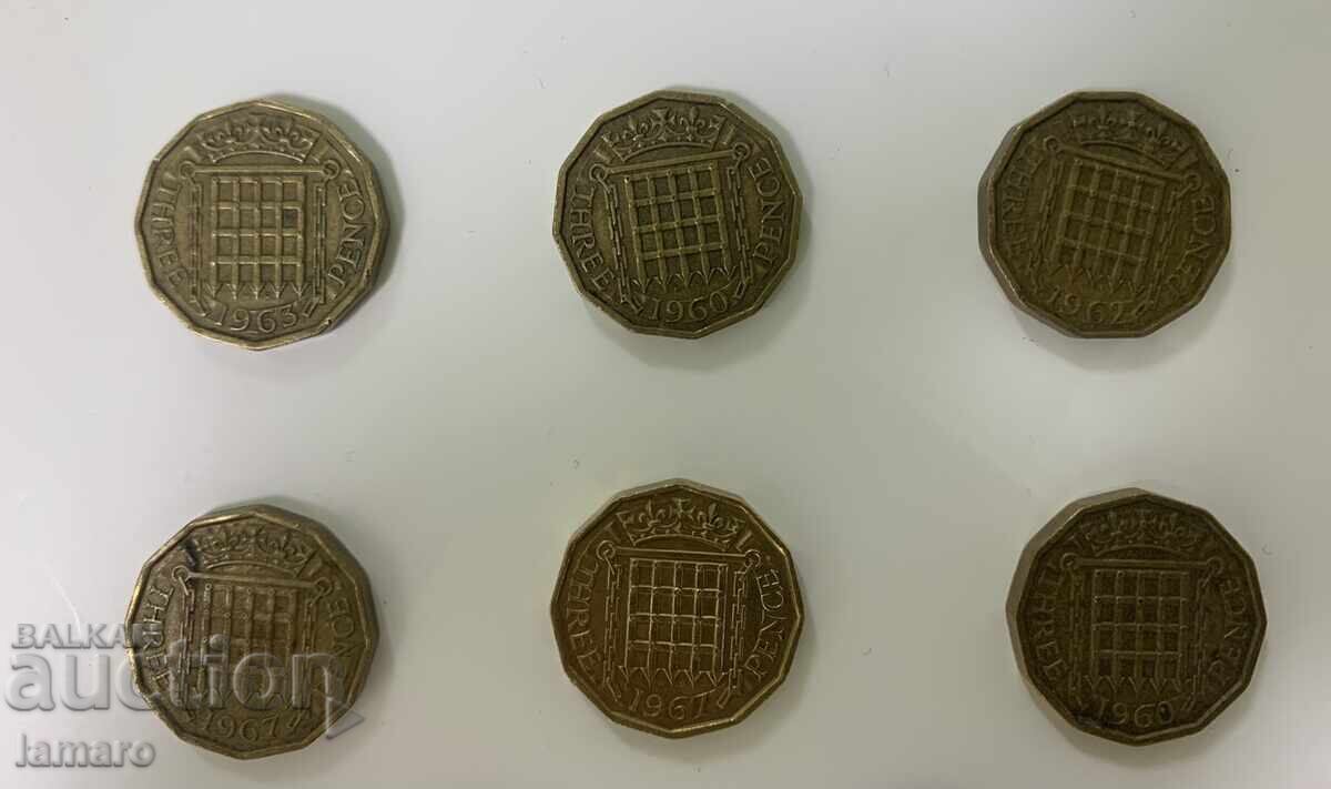 Delivery of Lot of 11 British 3 Pence Coins 1953-1967