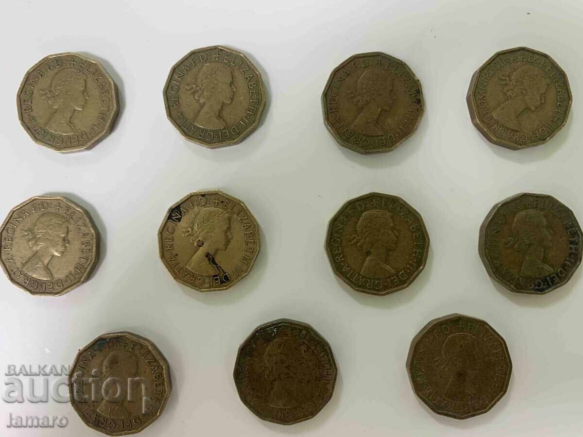 Lot of 11 British 3 Pence Coins 1953-1967