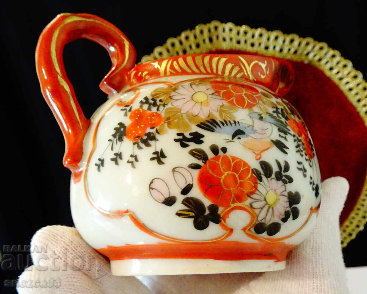 Cană, cană de porțelan japonez Kutani-yaki, albastru-indigo, gheise, aur - 5