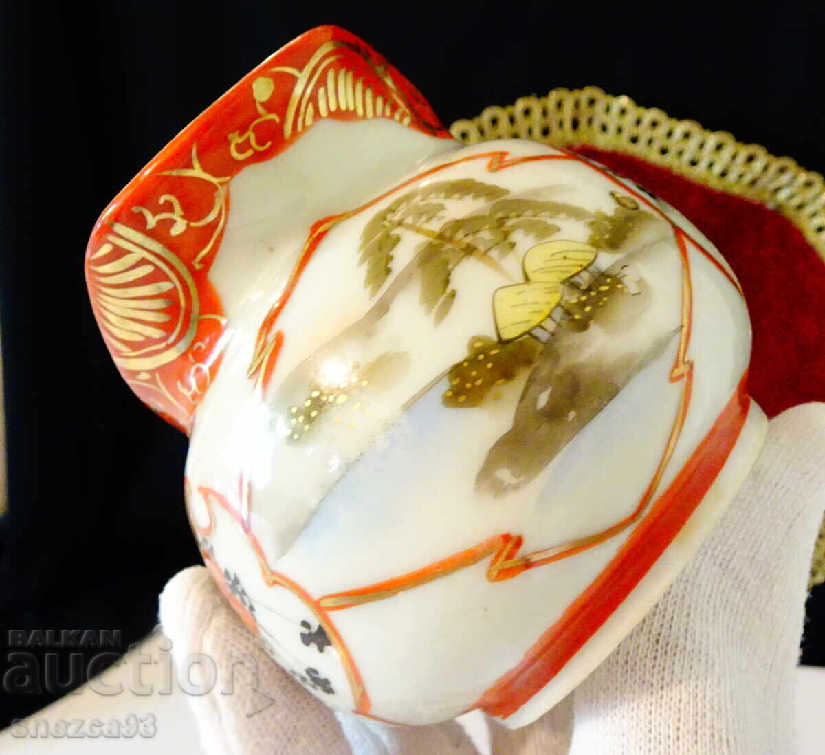 Cană, cană de porțelan japonez Kutani-yaki, albastru-indigo, gheise, aur - 6