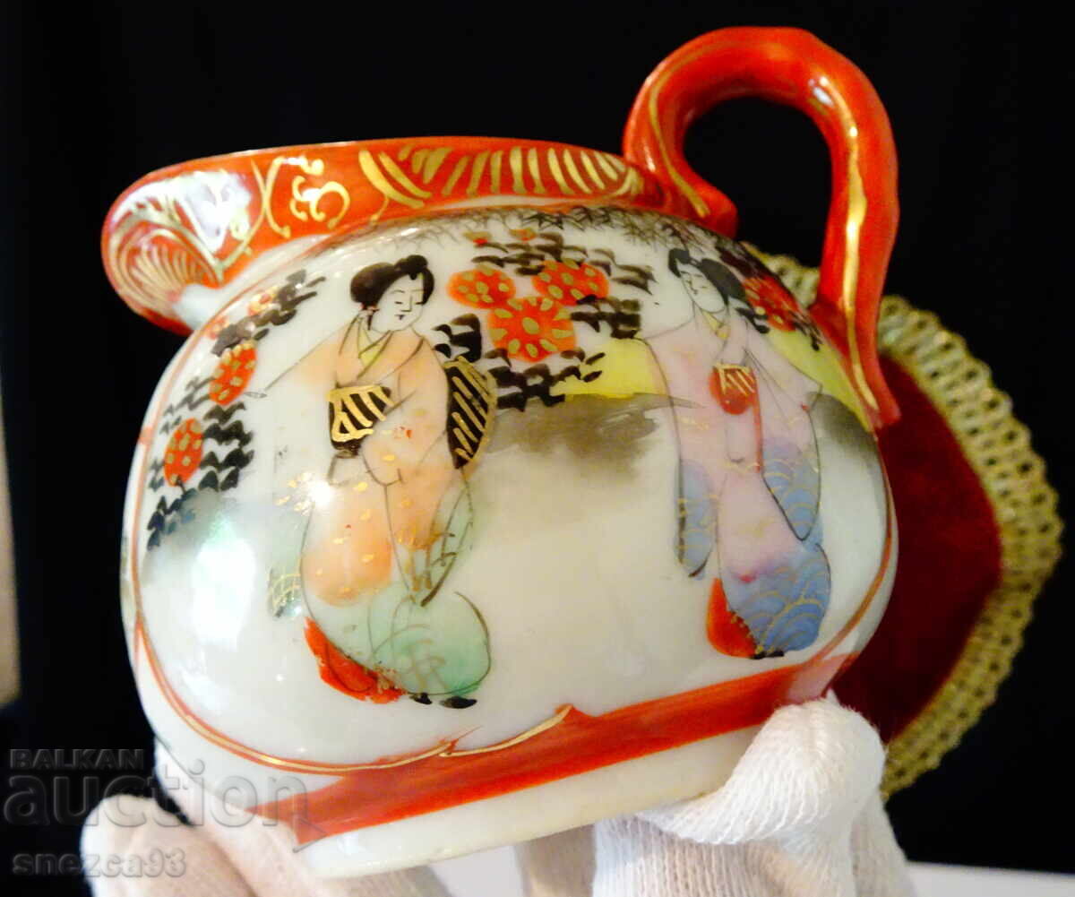 Cană, cană de porțelan japonez Kutani-yaki, albastru-indigo, gheise, aur - 7