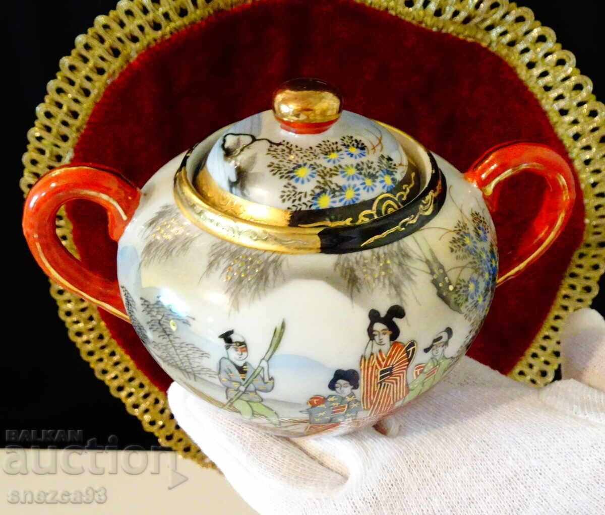 Cană și zaharniță porțelan japonez Satsuma, aur - 7
