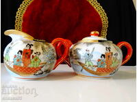 Cană și zaharniță porțelan japonez Satsuma, aur