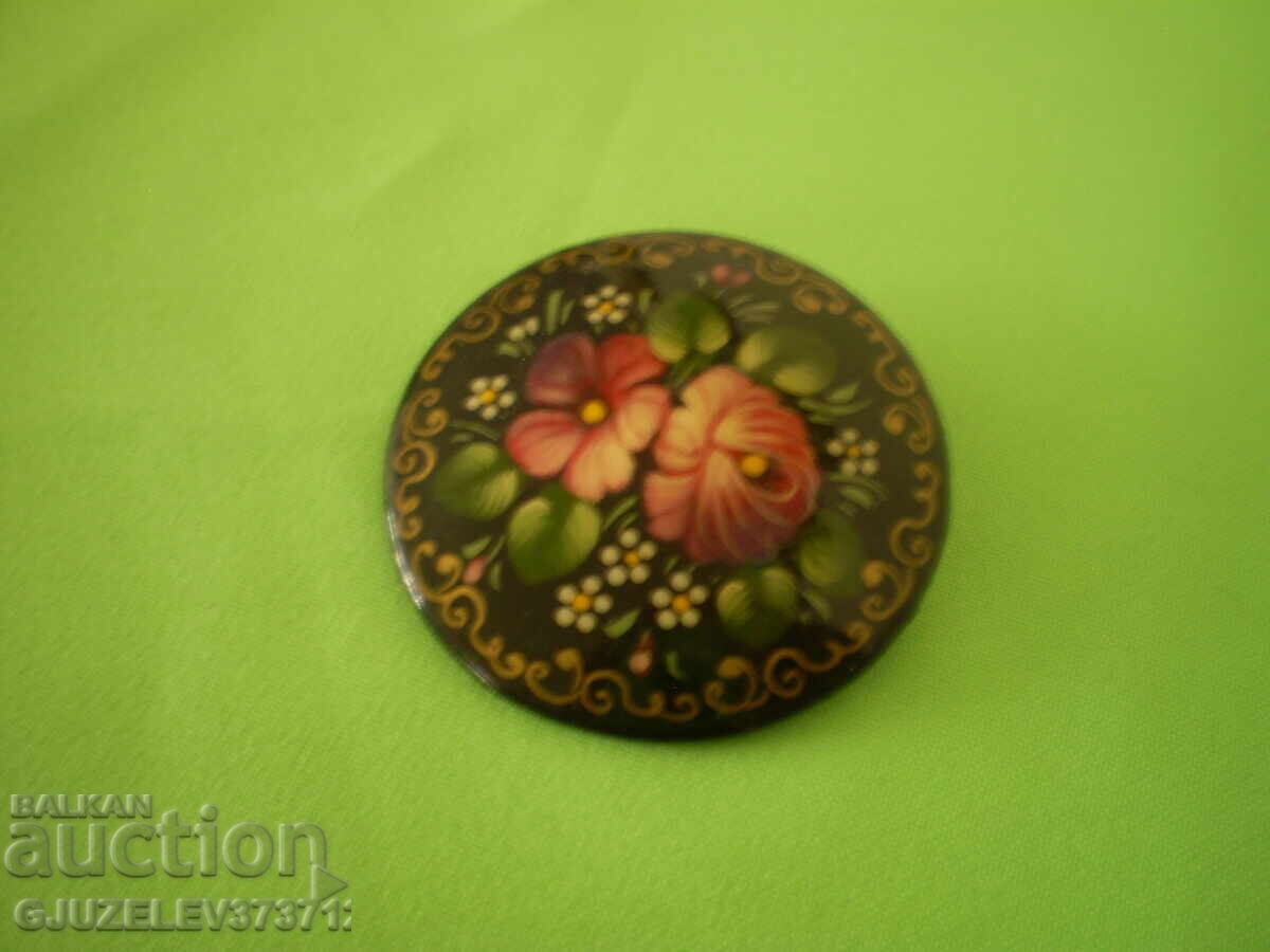 Χειροποίητη ρετρό ρωσική καρφίτσα μαύρου σμάλτου με τριαντάφυλλα, υπογεγραμμένη - 5