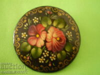 Broșă rusească retro pictată manual, lac negru cu trandafiri, semnată