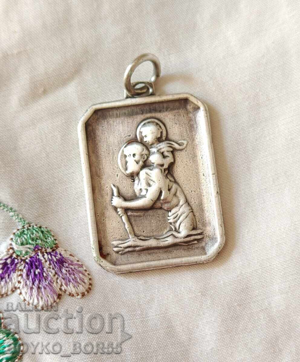 Старинен Сребърен Медальон Свети Христофор