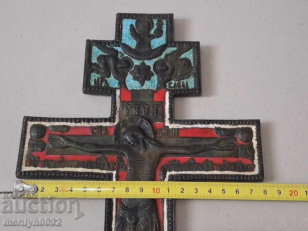 Russian Cross Brass Enamel 19th Century Icon Golgotha Jesus - 5