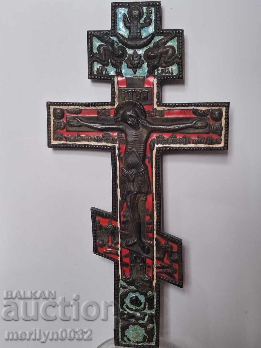 Russian Cross Brass Enamel 19th Century Icon Golgotha Jesus