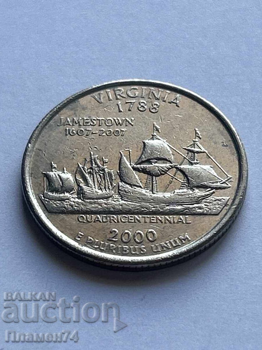 1/4 δολάριο 2000 ΗΠΑ Βιρτζίνια D με τιμή 2.00 BGN | € 1.02