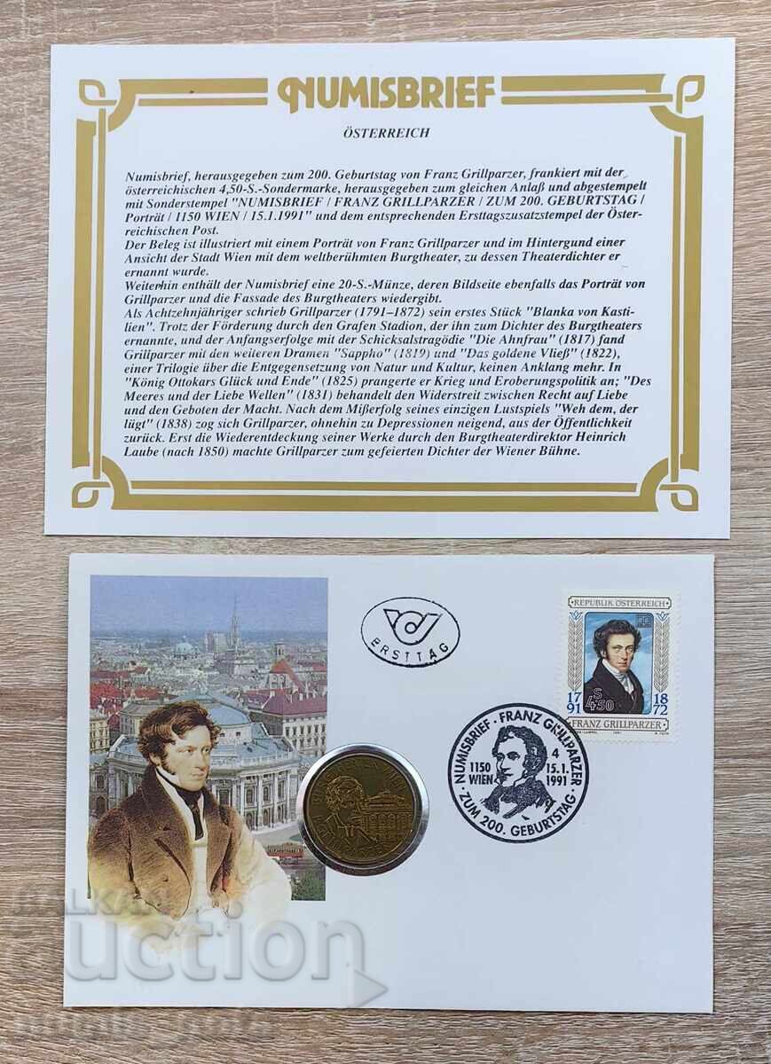 Austria 20 Schillings 1991 Franz Grillparzer numismatic brief 1991