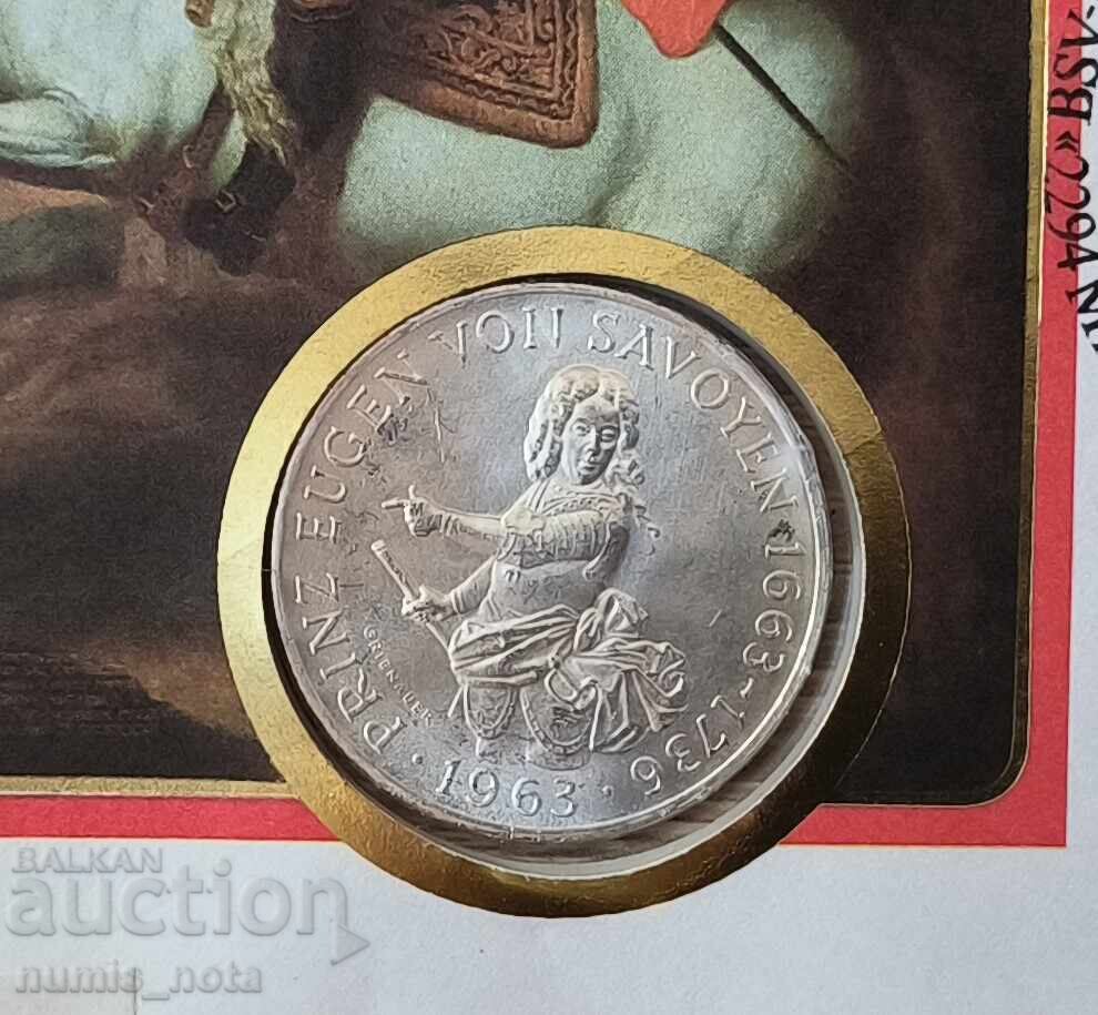 Австрия 25 шилинга 1963 г. Принц Ойген Савойски нумисбриф с цена 50.00 лв. | € 25.56