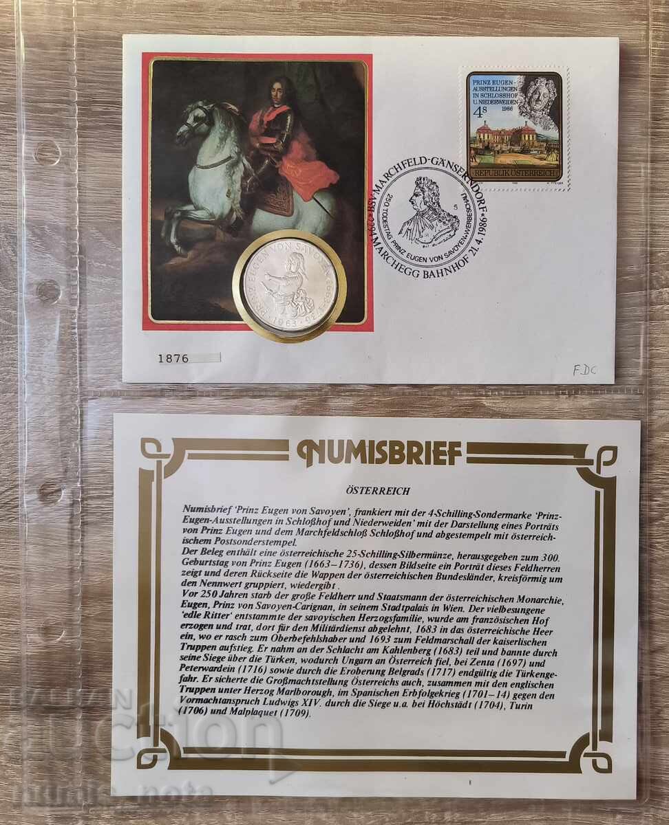 Австрия 25 шилинга 1963 г. Принц Ойген Савойски нумисбриф