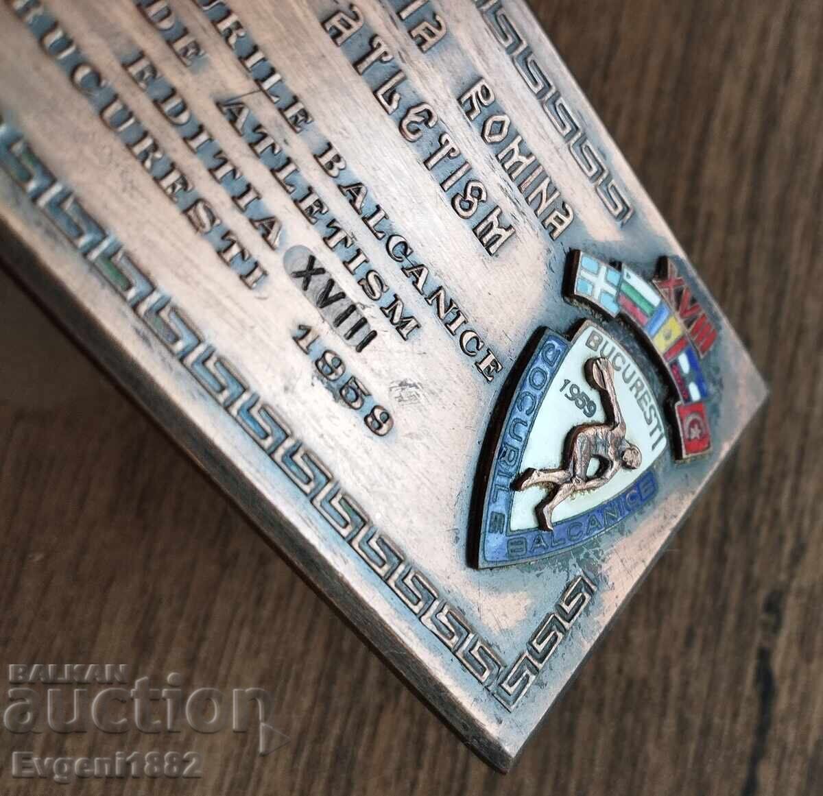 Licitație 1959 Plachetă Jocuri Balcanice Bulgaria România Email Licitație 1959 Plachetă Jocuri Balcanice Bulgaria România Email