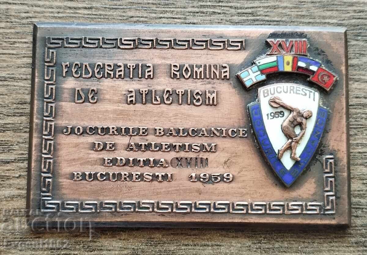 1959 Plachetă Jocuri Balcanice Bulgaria România Email 1959 Plachetă Jocuri Balcanice Bulgaria România Email