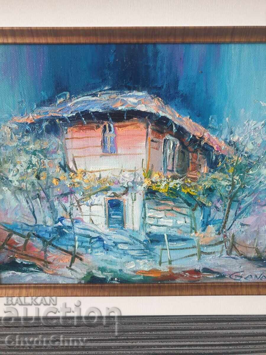 Bulgarian oil painting on canvas / Dimitar Genev / rural landscape with price 200.00 BGN | € 102.26