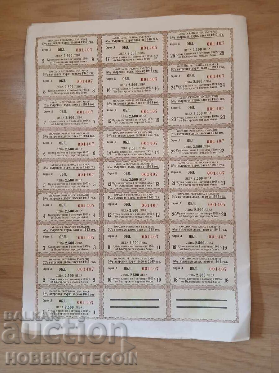 BULGARIA BOND 50000 BGN 1943 Internal State Loan with price 14.99 BGN | € 7.66