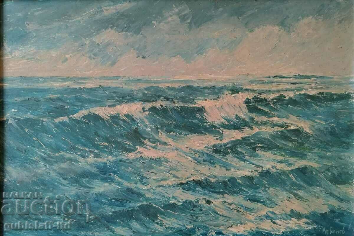 Картина, море, худ. Атанас Ганчев, 1980-те год. с цена 330.00 лв. | € 168.73