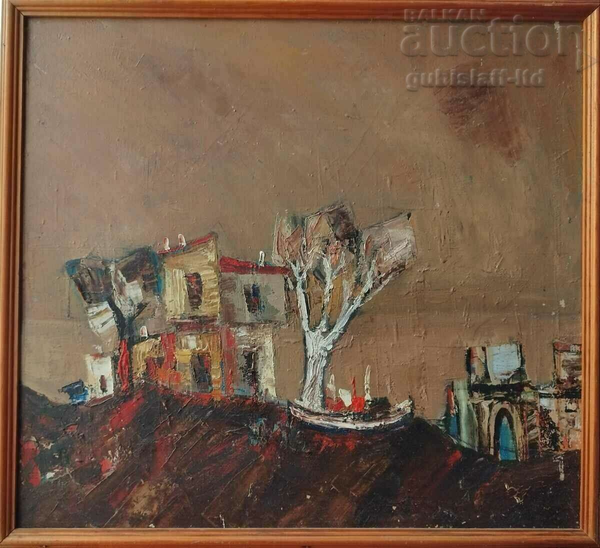 Εικόνα, ακτή, βάρκες, σπίτια, δεκαετία του 1970.