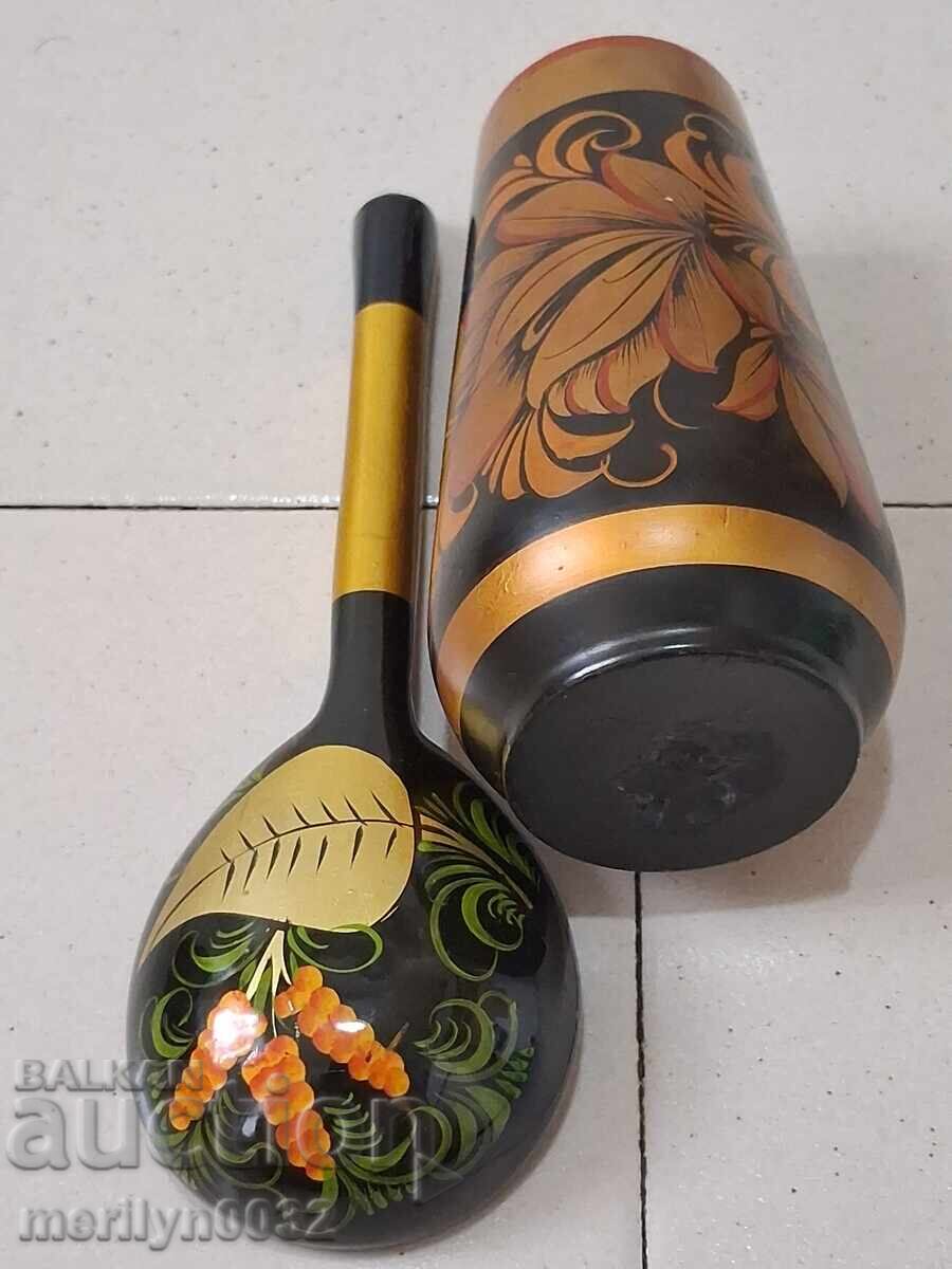 Licitație Lingură pictată din lemn și suport de creioane din lemn, URSS