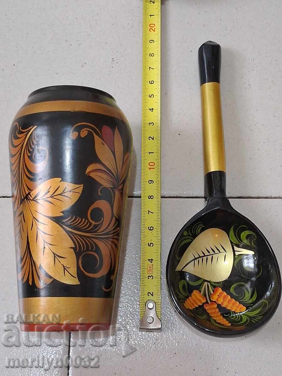 Livrarea Lingură pictată din lemn și suport de creioane din lemn, URSS